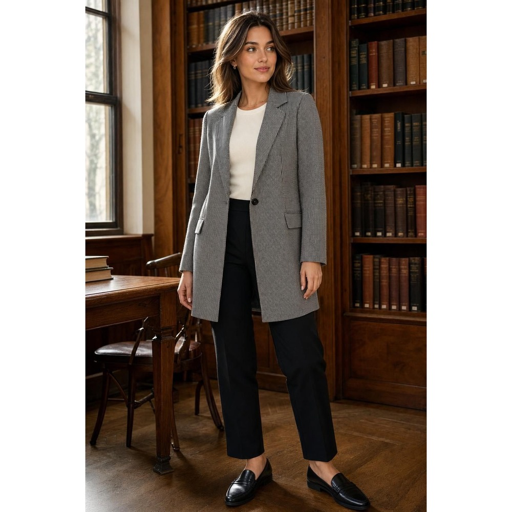 Adrianna Papell Longline Blazer Women's S Black White Houndstooth Academia